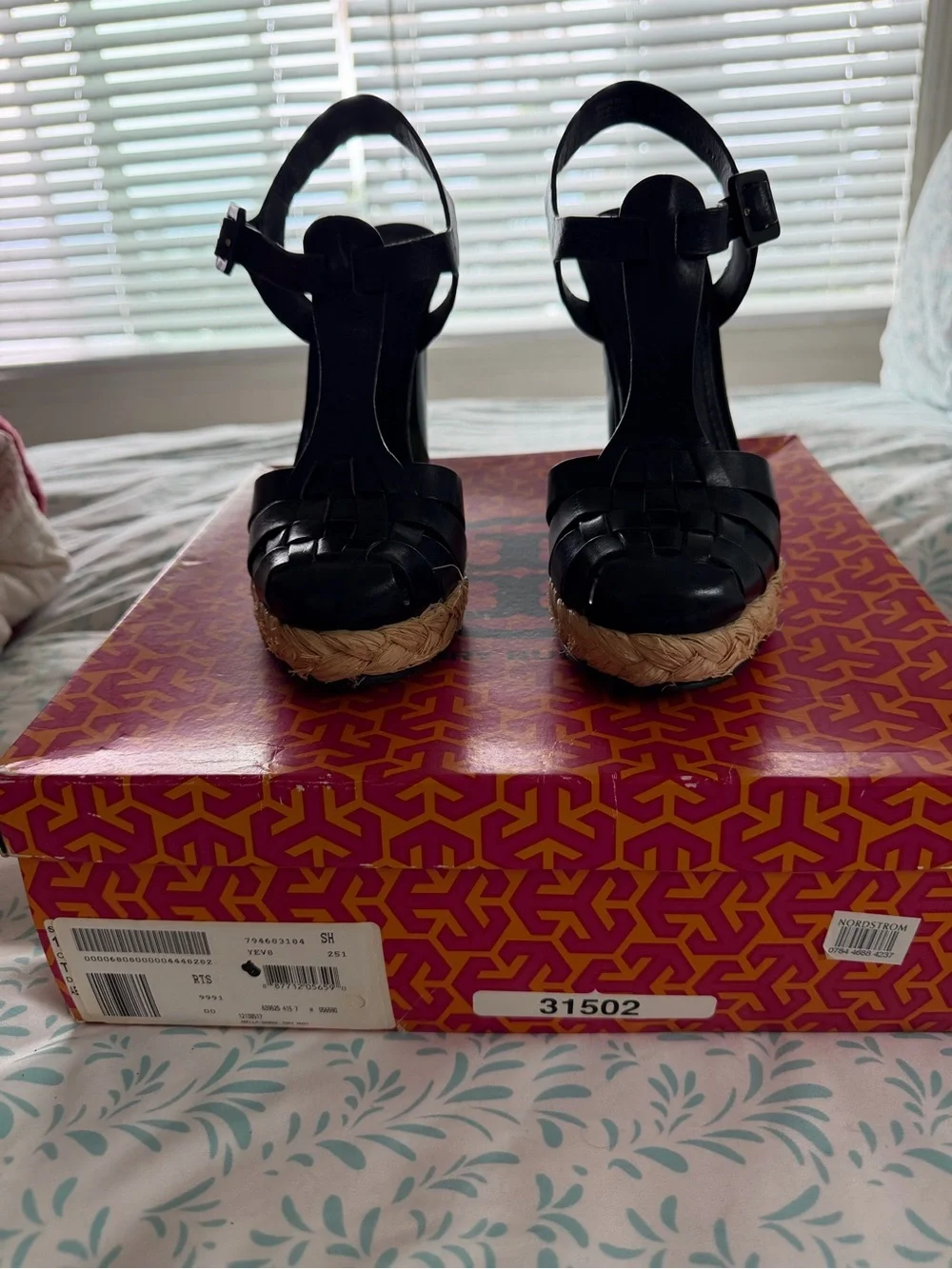 Tory Burch Black T-strap Platform Sandal with Green Block Heel